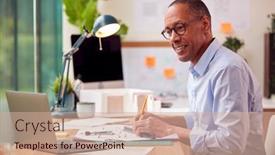  Presentation with building plans - Presentation enhanced with mature-male-architect-working background and a soft green colored foreground