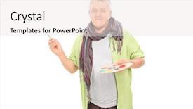  Presentation with pallet - PPT theme with mature male artist holding a color pallet isolated on white background background and a sky blue colored foreground