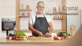  Presentation with kitchen - Slide deck consisting of mature-male-cutting-a-cucumber background and a  colored foreground