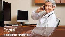  Presentation with mature students sitting at desks - PPT theme consisting of mature male doctor answering phone background and a  colored foreground