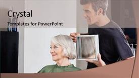  Presentation with haircut - Slide deck consisting of mature male hairstylist showing finished haircut to senior female client at beauty parlor background and a light gray colored foreground
