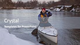  Presentation with expedition - Presentation theme with mature male paddling a decked expedition canoe on river in winter scenery south platte in eastern colorado background and a gray colored foreground