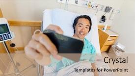  Presentation with cell - PPT theme enhanced with mature male patient taking self portrait through cell phone in hospital background and a coral colored foreground