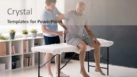  Presentation with rehabilitation - Amazing slide deck having mature-male-patient-touching-painful backdrop and a soft green colored foreground