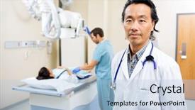  Presentation with xray - Audience pleasing slide set consisting of mature male radiologist with nurse preparing patient for xray in hospital room backdrop and a light blue colored foreground