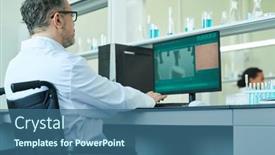  Presentation with front desk - Slide set with mature-male-scientist-with-disability background and a ocean colored foreground