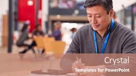  Presentation with teacher - PPT theme enhanced with mature-male-teacher-or-student background and a coral colored foreground