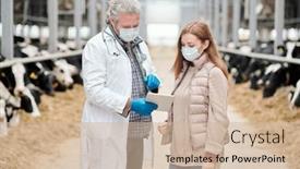  Presentation with medical information - Colorful presentation enhanced with mature-male-veterinarian-in-whitecoat backdrop and a soft green colored foreground