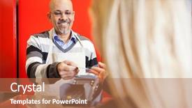  Presentation with credit card - PPT theme enhanced with mature man accepting credit card background and a coral colored foreground