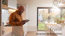 Presentation with kitchen - Beautiful PPT theme featuring mature-man-at-home backdrop and a coral colored foreground