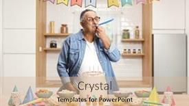  Presentation with snacks - PPT theme enhanced with mature-man-blowing-a-party background and a soft green colored foreground