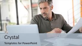  Presentation with budget - Audience pleasing slide set consisting of mature man calculating budget backdrop and a light blue colored foreground