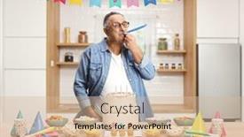  Presentation with snacks - Slide deck having mature-man-celebrating-birthday background and a soft green colored foreground