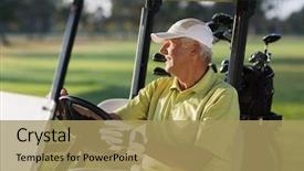  Presentation with golf - Beautiful slides featuring mature man driving golf buggy backdrop and a coral colored foreground