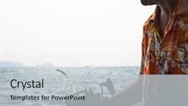  Presentation with sea fishing - Cool new slide deck with mature man fishing in tropical sea from the boat at sunny day backdrop and a light gray colored foreground