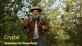  Presentation with hiking - Presentation theme with mature-man-hiking-and-exploring and a tawny brown colored foreground