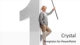  Presentation with full length portrait two men women brown sweater - Colorful slide deck enhanced with mature man holding a cane backdrop and a white colored foreground