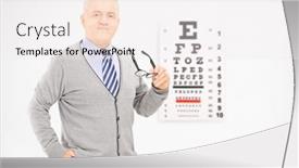  Presentation with eyesight - PPT layouts enhanced with mature man holding a pair of glasses in front of an eyesight test background and a sky blue colored foreground