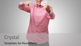  Presentation with playing cards - Audience pleasing presentation consisting of mature man holding playing cards against a grey background backdrop and a light gray colored foreground