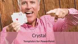  Presentation with playing cards - Colorful slide deck enhanced with mature man holding playing cards against a wooden background backdrop and a coral colored foreground
