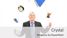  Presentation with juggling - Audience pleasing slide set consisting of mature man in a suit juggling with office supplies isolated on white background backdrop and a white colored foreground