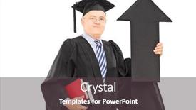  Presentation with graduation - Cool new PPT theme with mature man in graduation gown holding big black arrow pointing up isolated on white background backdrop and a dark gray colored foreground