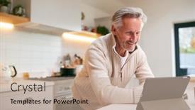  Presentation with using digital tablet - Cool new PPT layouts with mature-man-in-kitchen-working backdrop and a coral colored foreground