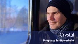  Presentation with commuter - Amazing presentation having mature man in winter clothes looks through the window in the commuter train backdrop and a navy blue colored foreground
