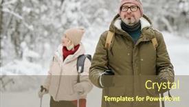  Presentation with trekking - Presentation theme with mature-man-in-winterwear-strolling background and a tawny brown colored foreground