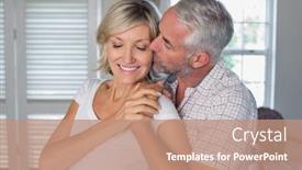  Presentation with man joined woman - PPT theme consisting of mature man kissing a happy woman from behind at home background and a coral colored foreground