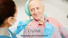  Presentation with healthcare plan do check act - Slide set featuring mature man looking at his dentist with check-up tools during consultation background and a light blue colored foreground