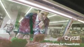  Presentation with glass - Presentation design having mature man looks through glass background and a gray colored foreground