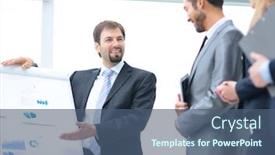  Presentation with group - Slide set enhanced with mature-man-making-a-business background and a ocean colored foreground