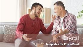  Presentation with board game - Slides featuring mature man playing board game with his son at home background and a coral colored foreground