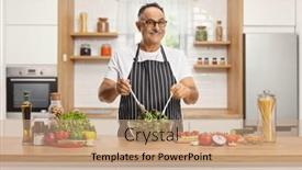  Presentation with salad - Presentation design featuring mature-man-preparing-a-salad background and a coral colored foreground