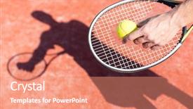  Presentation with court - Slide deck featuring mature man serving tennis ball background and a coral colored foreground