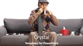  Presentation with spray - Slide set consisting of mature man sitting on a sofa and putting a spray into his nose isolated on white background background and a tawny brown colored foreground