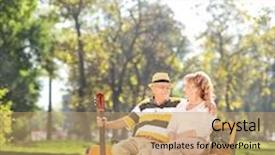  Presentation with lens - PPT theme enhanced with mature man sitting with his wife in park and holding a guitar shot with a tilt and shift lens background and a coral colored foreground