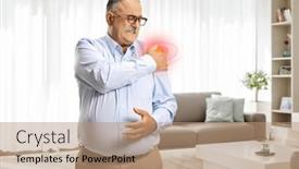  Presentation with home - Presentation design consisting of mature-man-standing-at-home and a coral colored foreground