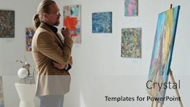  Presentation with art gallery - PPT theme enhanced with mature-man-standing-in-front background and a light gray colored foreground