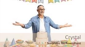  Presentation with birthday cake - Slide set featuring mature-man-standing-posing-behind background and a  colored foreground