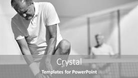  Presentation with leg pain - Slide set consisting of mature man standing while suffering from leg pain during match at tennis court background and a gray colored foreground