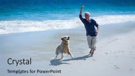  Presentation with beach ball - Presentation theme having mature man throwing a ball to his dog on the beach background and a light blue colored foreground