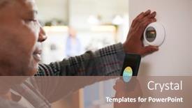  Presentation with phone - PPT layouts enhanced with mature-man-using-app background and a coral colored foreground