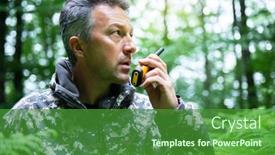  Presentation with mountain hiking - PPT theme having mature-man-walking-and-hiking background and a forest green colored foreground