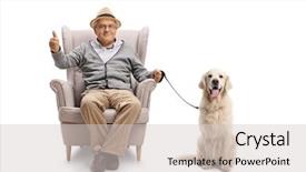  Presentation with mature students sitting at desks - Presentation theme having mature man with a labrador background and a light gray colored foreground