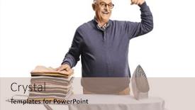  Presentation with ironing - Presentation theme with mature-man-with-a-pile background and a coral colored foreground