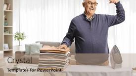  Presentation with ironing - Slides consisting of mature-man-with-a-pile background and a  colored foreground