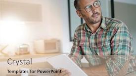  Presentation with using digital tablet - Theme enhanced with mature man with eyeglasses using digital tablet at home background and a soft green colored foreground