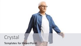  Presentation with walking - Presentation theme featuring mature-man-with-glasses-walking background and a light gray colored foreground